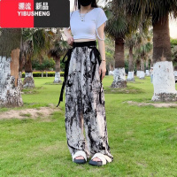 YIBUSHENG2024季新款印花高腰水墨画禅意冰丝阔腿裤女雪纺飘带宽松休闲裤