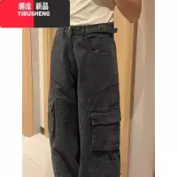 YIBUSHENG大码复古黑色工装休闲裤女美式高街辣妹多口袋vibe直筒宽松阔腿裤