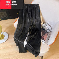 YIBUSHENG新中式国风缎面提花休闲裤女季高腰垂感冰丝阔腿裤百搭直筒长裤