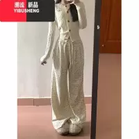 YIBUSHENGAXEF 春季高腰碎花休闲裤女宽松垂感直筒裤杏色阔腿裤拖地长裤