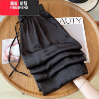 YIBUSHENG200斤大码胖mm冰丝国风阔腿裤女季薄款新中式缎面休闲裤小个子