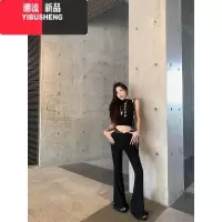 YIBUSHENG黑色蕾丝微喇叭休闲裤女季新款高腰修身阔腿裤小个子拖地长裤子