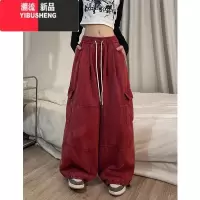 YIBUSHENG美式复古多巴胺工装裤春季男女街头阔腿直筒腰带绳休闲裤高街潮