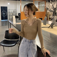 早秋韩系长袖T恤上衣女装挂脖假两件针织衫2021年新款修身打底衫聿垣格