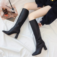 BOMINA前拉链不过膝长靴女春秋款2021新款网红瘦瘦高筒靴子女中筒靴中跟(3-5厘米) 黑色中跟(3-5厘米)