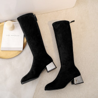 BOMINA弹力短靴春秋款单靴子粗跟2021新款百搭高筒长靴女不过膝冬高跟鞋