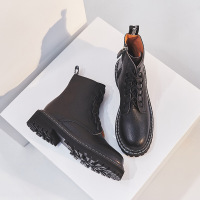 BOMINA杨幂猪皮黑色女英伦风春秋2021新款百搭平底单靴子