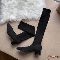 BOMINA弹力瘦瘦长靴女过膝春秋款2021新款百搭高跟鞋粗跟袜靴短靴子 黑色