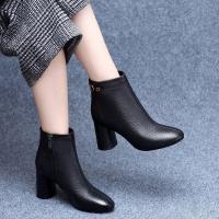 BOMINA19冬新款粗跟短靴子女高跟(5-8厘米)圆头百搭加绒加厚女裸靴子女鞋