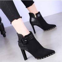 BOMINA新款高跟短靴女尖头粗跟女靴铆钉拼接时尚百搭性感短筒靴子及裸靴
