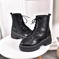 BOMINA秋冬女2021新款英伦风百搭韩版机车靴子女松糕厚底女鞋 黑色(单里)