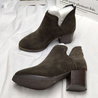 BOMINA断码清仓特价专柜品牌尾货后拉链真皮粗跟短筒靴女百搭加绒头层牛皮靴子女时尚低筒靴 烟灰色