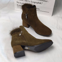BOMINA断码清仓特价专柜品牌尾货真皮时尚粗跟中跟(3-5厘米)靴子鞋女加绒加厚靴子鞋女潮流短靴女 卡其色
