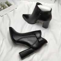 BOMINA断码清仓特价专柜品牌尾货粗跟靴子女尖头高跟鞋女侧拉链短靴学生韩版时装靴 黑色加绒