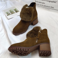 BOMINA断码清仓特价专柜品牌尾货真皮时尚靴子女兔毛粗跟短靴女潮流加绒反绒皮毛毛靴