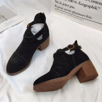 BOMINA断码清仓特价专柜品牌尾货粗跟靴子女加绒真皮短靴女学生韩版头层牛皮裸靴潮 黑色