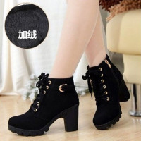 BOMINA秋冬新款韩版高跟粗跟女靴子系带短筒靴女单靴女鞋棉靴