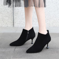 BOMINA2021新款女春秋鞋子高跟靴细跟女靴猫跟单靴裸靴尖头靴子 黑色