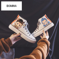 BOMINA高帮鞋女2021秋季新款抖音网红高邦帆布鞋时尚百搭涂鸦哪吒敖丙小可爱板鞋子学生个性小白鞋