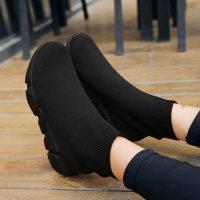高帮弹力袜子鞋女秋冬季中年妈妈黑色休闲运动鞋老北京布鞋女软底