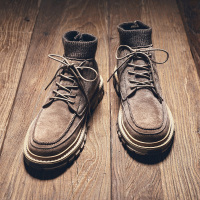 2021新款秋冬季高帮袜子口马丁靴男士英伦风机车靴厚底复古工装靴