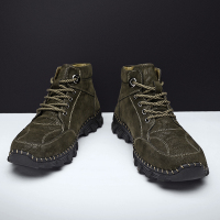 秋冬绿色男士马丁靴手工上线牢固耐穿胖脚肥高帮鞋大头皮鞋短靴子