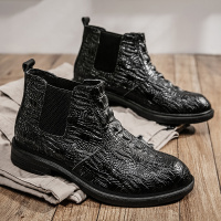 男士秋冬季棉鞋45加肥英伦高帮皮鞋46宽脚真皮鳄鱼纹47大码皮靴男