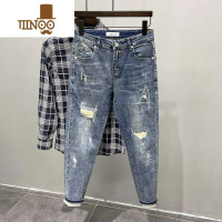 YANXU九分牛仔裤男士2022年新款破洞修身小脚设计感小众高街裤子