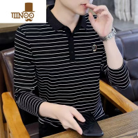 YANXU新款翻领带领polo衫男士条纹长袖t恤休闲潮流修身打底上衣