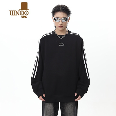 YANXU国潮美式oversize条纹圆领卫衣男潮牌高街宽松情侣套头上衣