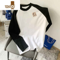 YANXU长袖t恤男士秋季潮牌拼色字母圆领卫衣潮流ins宽松休闲打底衫上衣