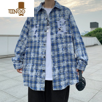 YANXU美式街头扎染水洗格子衬衫外套男宽松外搭设计感长袖外套