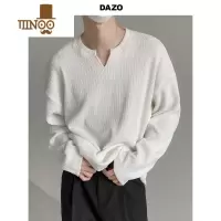 YANXUDAZO 缺口领长袖T恤男宽松日常休闲设计感坑条纹打底衫款上衣