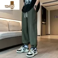 YANXU裤子夏季男款休闲裤男士黑色工装裤潮牌运动裤束脚裤拼接卫裤
