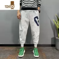 YANXU新款潮牌卫裤男宽松休闲字母哈伦裤百搭灰色束脚运动九分裤