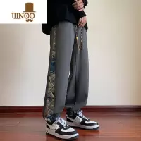 YANXU中国风小熊刺绣拼接束脚卫裤男秋国潮港风大码感百搭运动裤子