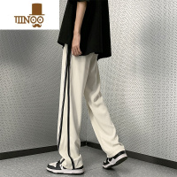 YANXU条纹垂感休闲裤男士夏季冰丝宽松直筒卫裤运动抽绳长裤子