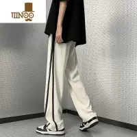 YANXU条纹垂感休闲裤男士夏季冰丝宽松直筒卫裤运动抽绳长裤子