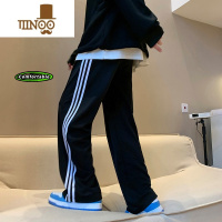 YANXU三条杠裤子男夏季薄款潮牌痞帅直筒卫裤宽松运动阔腿条纹休闲长裤
