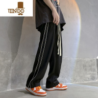 YANXU黑色休闲裤子男夏季新款冰丝垂感运动长裤潮流宽松直筒条纹阔腿裤