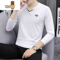 YANXU秋季新款男士T恤长袖v领纯色中青年休闲男装上衣打底衫秋衣t