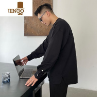 YANXU2022卫衣男潮ins潮牌新款下摆开叉圆领长袖纯色百搭休闲宽松上衣