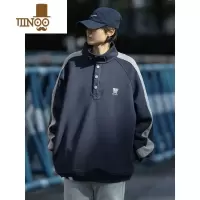 YANXUBeautget美式复古拼接立领休闲卫衣情侣日系宽松套头外套学生