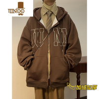 YANXU棕色美式复古600g卫衣男款高街连帽开衫oversize加绒外套