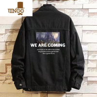 YANXU宽松牛仔外套男潮牌青少年休闲帅气翻领夹克大码胖衣服