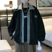 YANXU美式假千鸟格黑色茶歇外套男秋季2022新款宽松棒球服百搭上衣