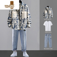 YANXU新款男生长袖衬衫男装一套搭配帅气青少年宽松外套休闲套装