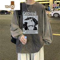 YANXU美式水洗长袖t恤男生ins宽松百搭圆领卫衣oversize高街潮牌打底衫