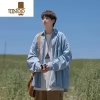 YANXU蓝色牛仔衬衫男生ins港风潮牌感工装长袖衬衣vintage秋季外套