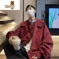 YANXU酒红色飞行员夹克男秋季感外套潮流刺绣港风不规则排扣冲锋衣